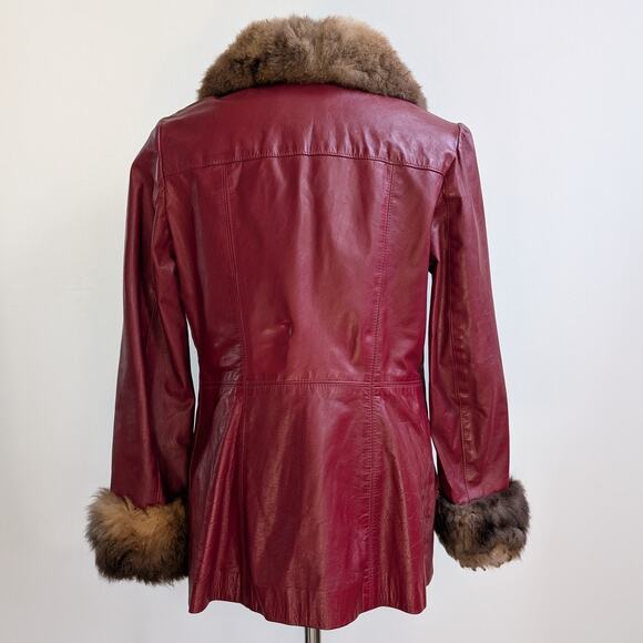 Vintage Red Leather Jacket Penny Lane Fur Trim Coat Grunge Boho Bomber Medium - Picture 4 of 12